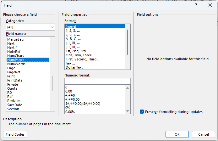 Field window in Word